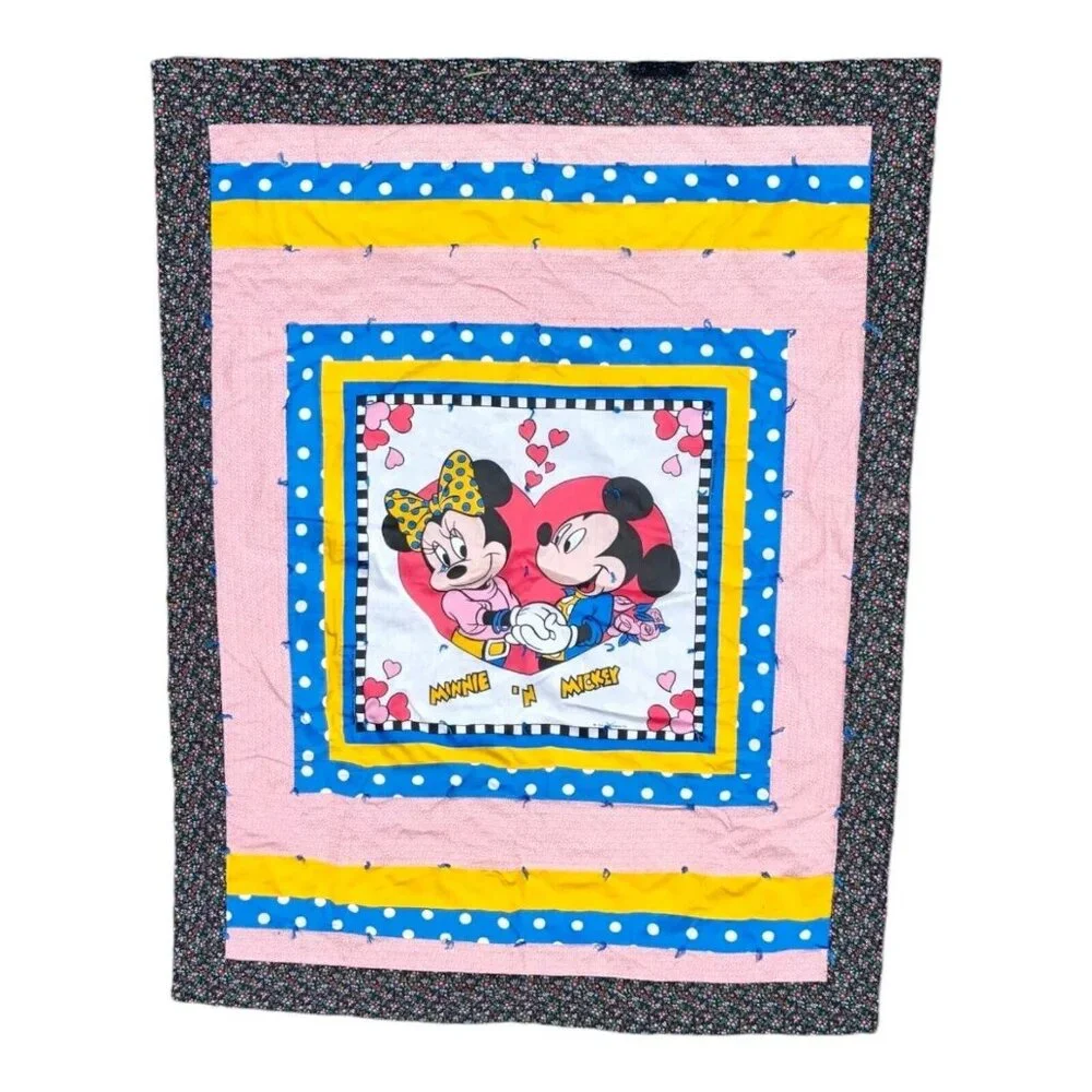 Vintage Mickey Minnie Mouse Quilt Disney Baby Crib Blanket Comforter 48